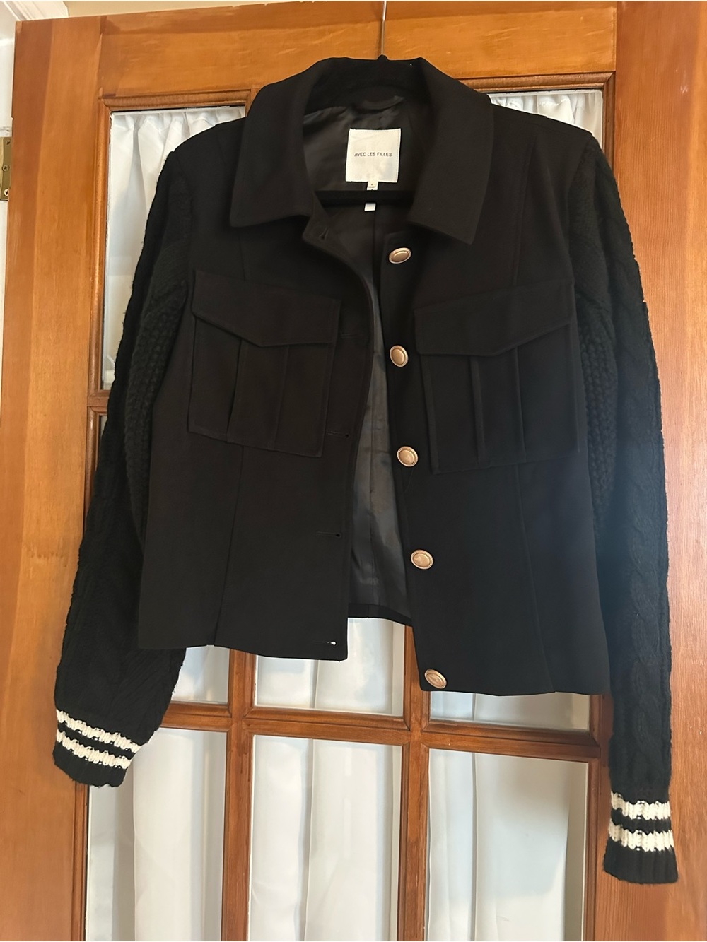 Avec Les Filles Black Varsity Style Jacket with Knit Sleeves